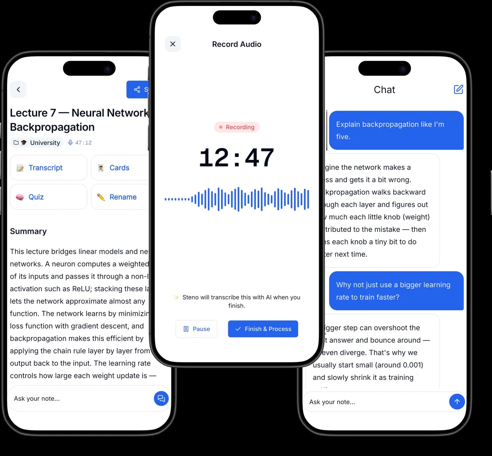 A Steno note showing a summary, flashcards and quiz on an iPhone