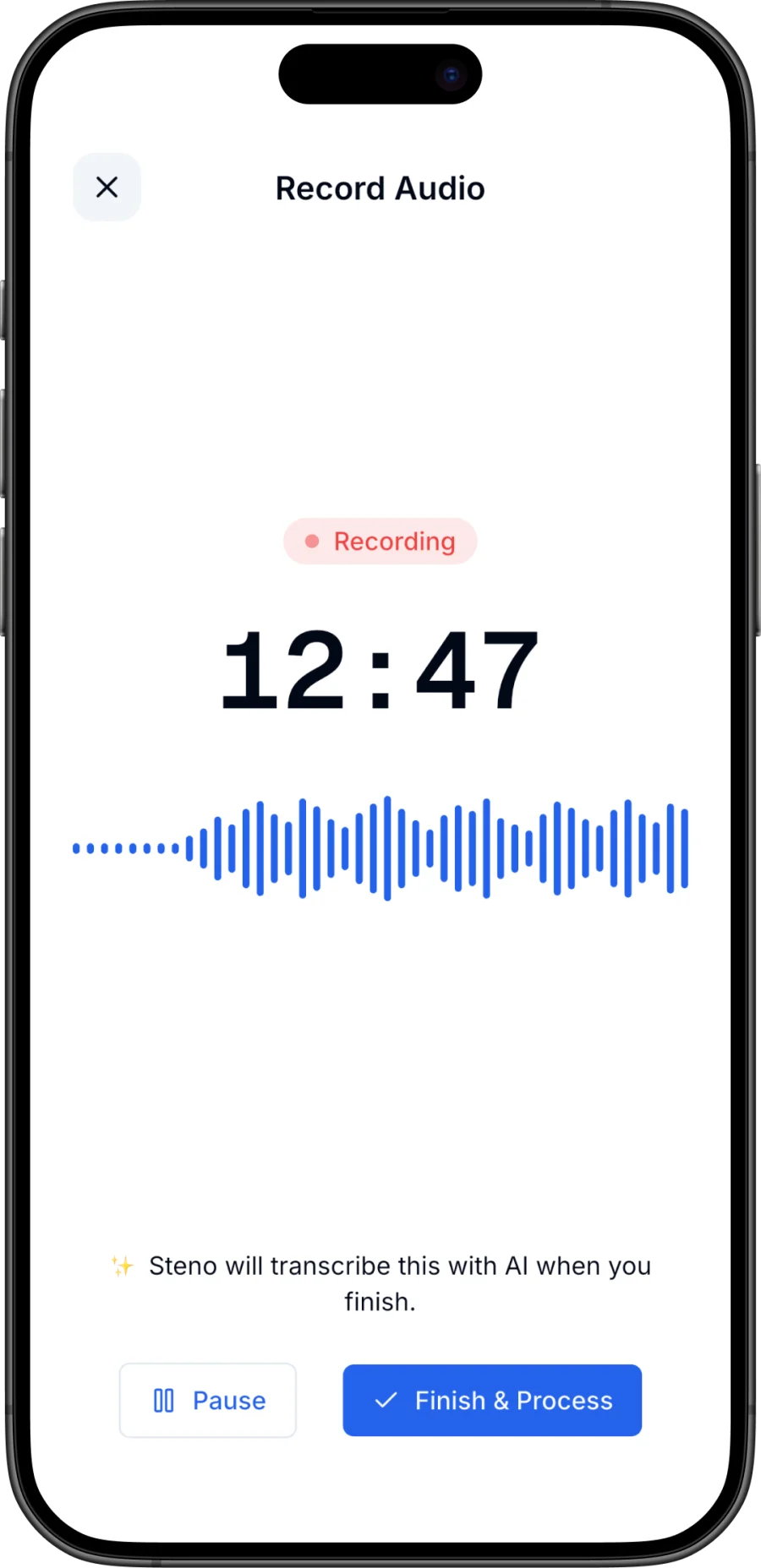 Steno recording screen showing the audio waveform and live on-device transcript during a lecture