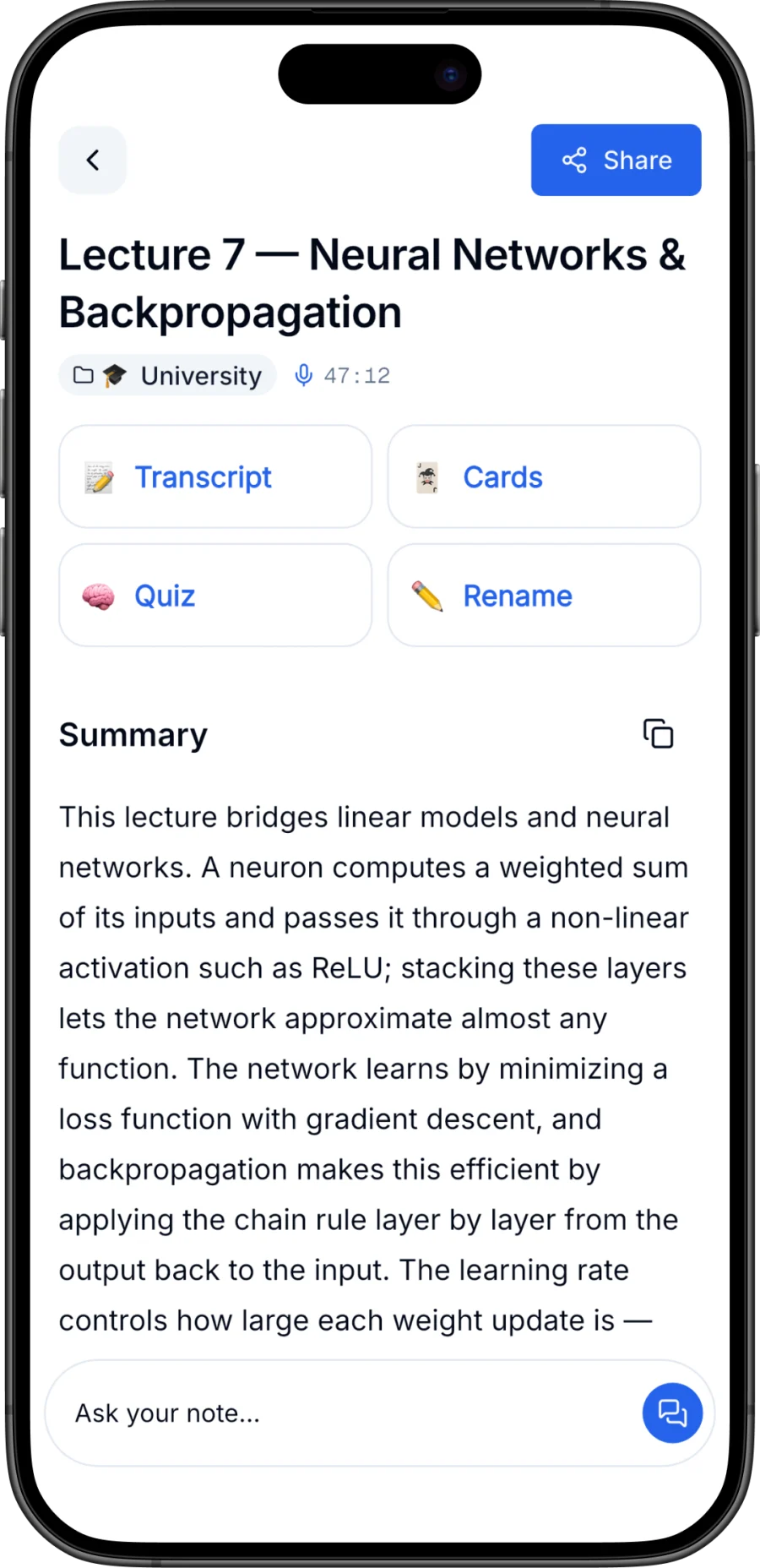 Steno note detail showing an AI summary with flashcards, quiz, and chat tools