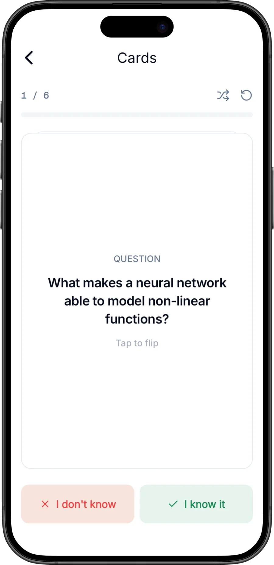 AI-generated flashcards in Steno, swiping cards as known or unknown